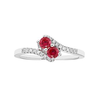 Sterling Silver Lab Created Ruby Two Stone & Diamond Accent Bypass Ring