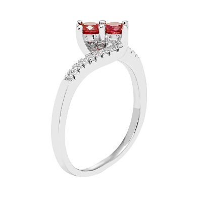 Sterling Silver Lab Created Ruby Two Stone & Diamond Accent Bypass Ring