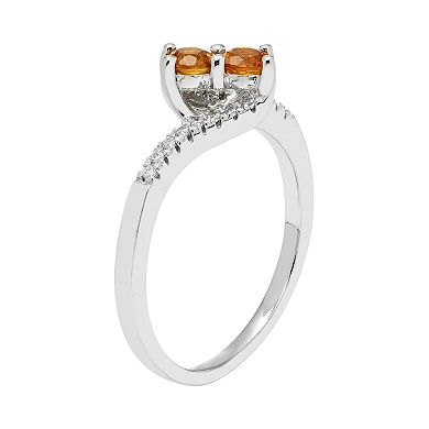 Sterling Silver Citrine Two Stone & Diamond Accent Bypass Ring