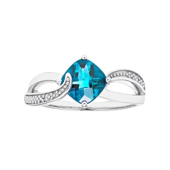 Sterling Silver Blue Topaz & Diamond Accent Cushion Bypass Ring