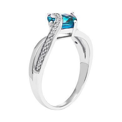 Sterling Silver Blue Topaz & Diamond Accent Cushion Bypass Ring
