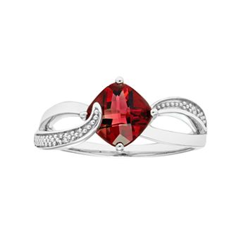 Sterling Silver Garnet & Diamond Accent Cushion Bypass Ring