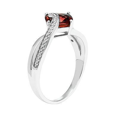 Sterling Silver Garnet & Diamond Accent Cushion Bypass Ring