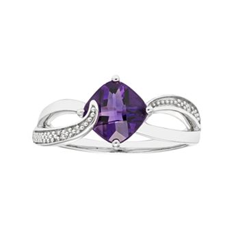 Sterling Silver Amethyst & Diamond Accent Cushion Bypass Ring