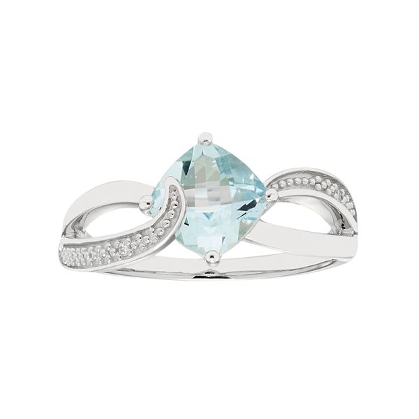 Sterling Silver Aquamarine & Diamond Accent Cushion Bypass Ring