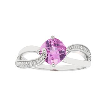 Sterling Silver Lab Created Pink Sapphire & Diamond Accent Cushion Bypass Ring