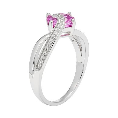 Sterling Silver Lab Created Pink Sapphire & Diamond Accent Cushion Bypass Ring