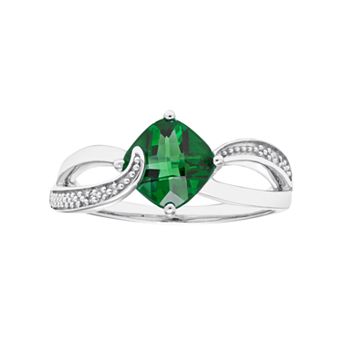 Sterling Silver Lab Created Emerald & Diamond Accent Cushion Bypass Ring