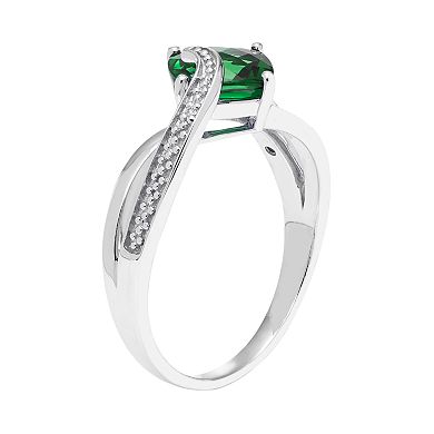Sterling Silver Lab Created Emerald & Diamond Accent Cushion Bypass Ring