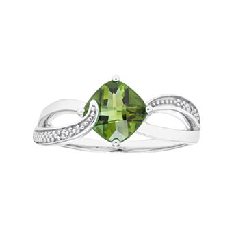 Sterling Silver Peridot & Diamond Accent Cushion Bypass Ring
