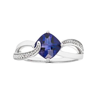 Sterling Silver Lab Created Blue Sapphire & Diamond Accent Cushion Bypass Ring