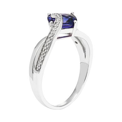 Sterling Silver Lab Created Blue Sapphire & Diamond Accent Cushion Bypass Ring