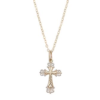 Two Tone 10k Gold Filigree Cross Pendant Necklace