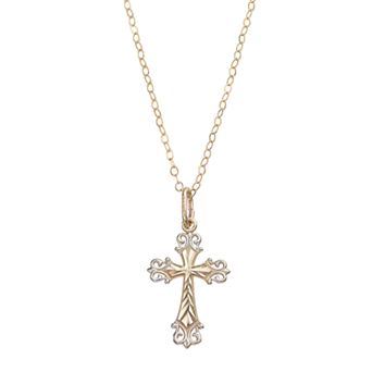 Two Tone 10k Gold Filigree Cross Pendant Necklace