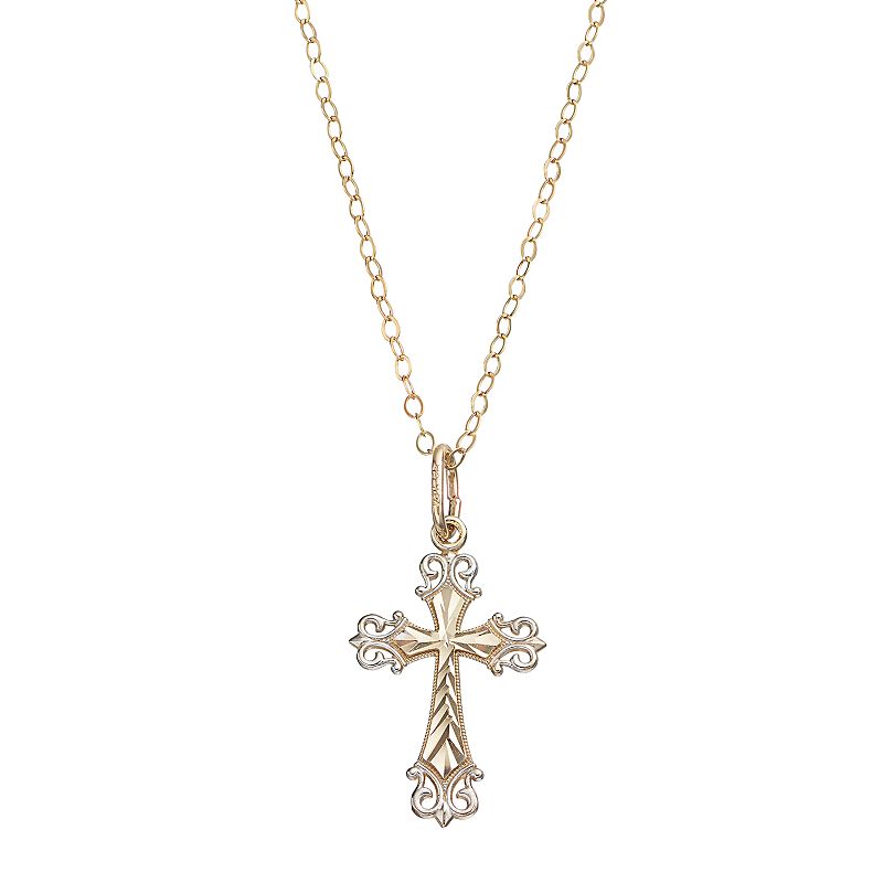 Two Tone 10k Gold Filigree Cross Pendant Necklace, Womens