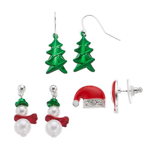 Snowman, Santa Hat & Christmas Tree Drop Earring Set