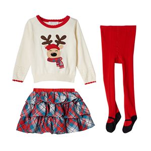 Baby Girl Bonnie Jean Reindeer Sweater, Plaid Skirt & Tights Set