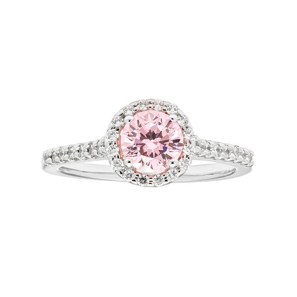 Sterling Silver Pink Cubic Zirconia Round Halo Engagement Ring