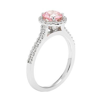 Sterling Silver Pink Cubic Zirconia Round Halo Engagement Ring