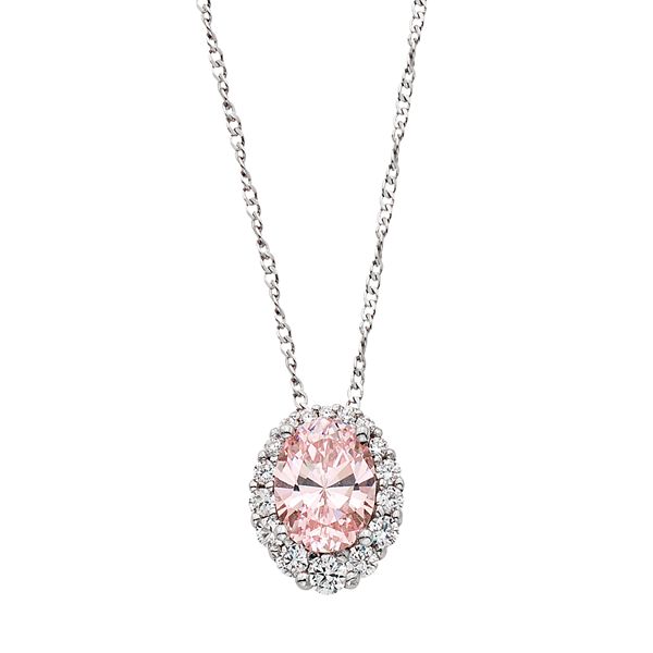 Sterling Silver Pink Cubic Zirconia Oval Halo Pendant Necklace