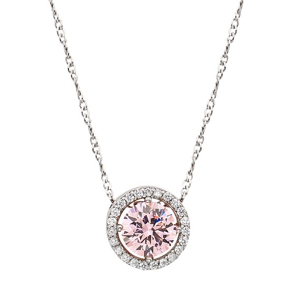 Sterling Silver Pink Cubic Zirconia Round Halo Pendant Necklace