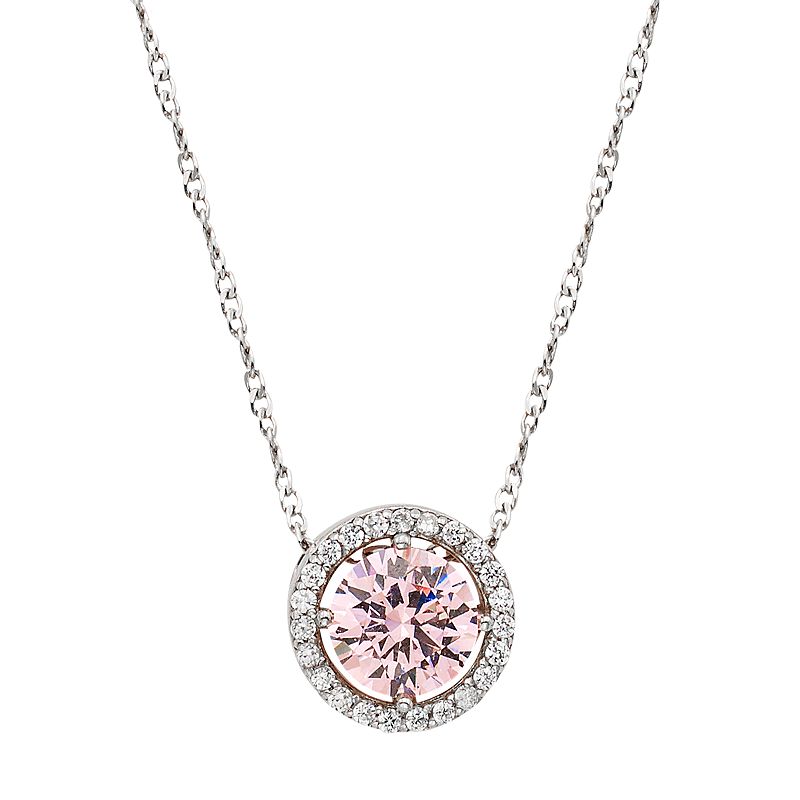 Sterling Silver Pink Cubic Zirconia Round Halo Pendant Necklace, Womens, 