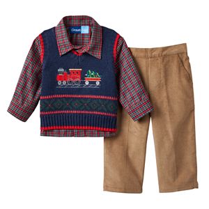 Baby Boy Great Guy Applique Sweater Vest, Plaid Shirt & Corduroy Pants Set