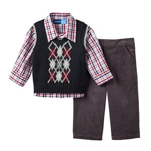 Baby Boy Great Guy Argyle Sweater Vest, Plaid Shirt & Corduroy Pants Set