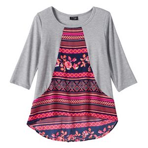 Girls Plus Size 2Hip 3/4-Length Sleeve Printed Inset High-Low Top