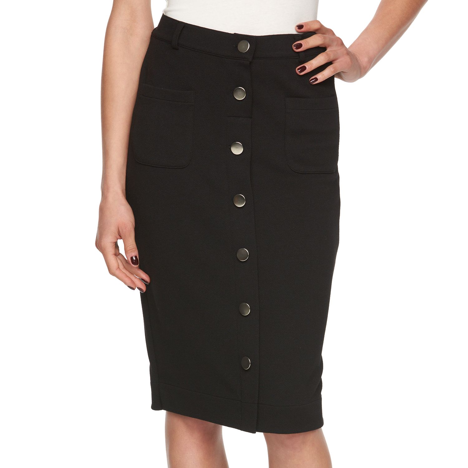 button front skirt black