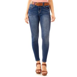 Juniors' Wallflower Curvy Belted Skinny Jeans