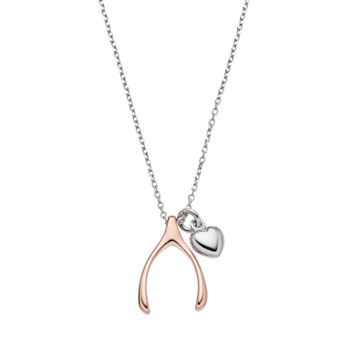 Karat Rush Two Tone Sterling Silver Wishbone & Heart Pendant Necklace