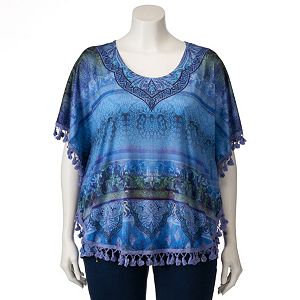 Plus Size World Unity Printed Tassel Poncho Top