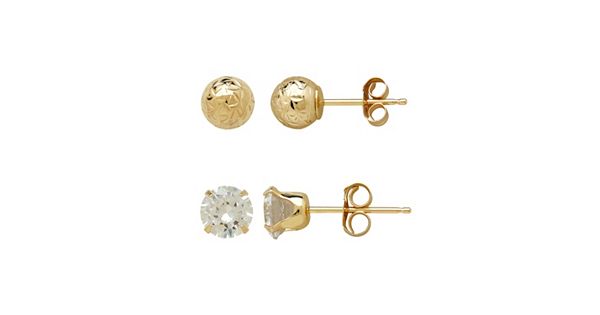 Everlasting Gold 14k Gold Textured Ball & Cubic Zirconia Stud Earring Set