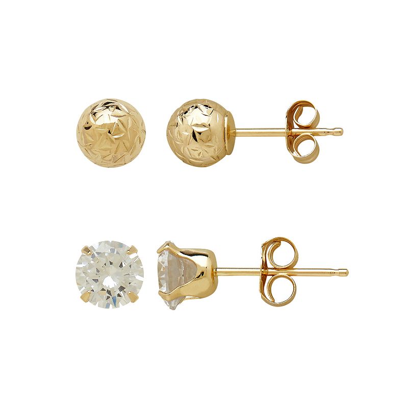 Everlasting Gold 14k Gold Textured Ball & Cubic Zirconia Stud Earring Set, 