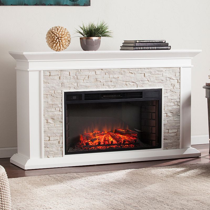 Banks Faux Stone Electric Fireplace, White