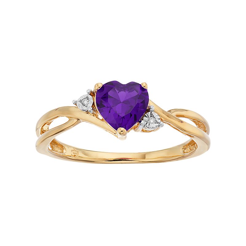 10k Gold Amethyst & Diamond Accent Swirl Heart Ring, Womens, Size: 6, Purp