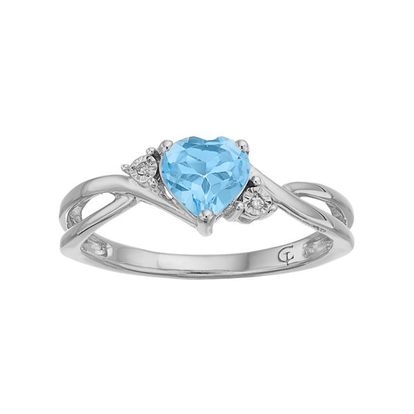 10k White Gold Simulated Aquamarine & Diamond Accent Swirl Heart Ring