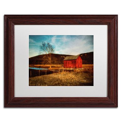 Trademark Fine Art "Red Barn at Twilight" Matted Wood Finish Framed Wall Art