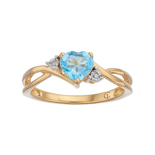 10k Gold Blue Topaz Diamond Accent Swirl Heart Ring