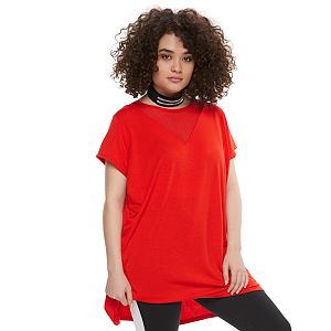madden NYC Juniors' Plus Size Solid Mesh Yoke Tee