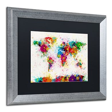 Trademark Fine Art "Paint Splashes World Map" Matted Silver Finish Framed Wall Art