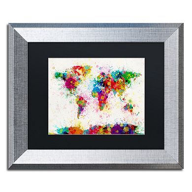 Trademark Fine Art "Paint Splashes World Map" Matted Silver Finish Framed Wall Art