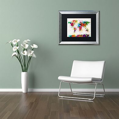 Trademark Fine Art "Paint Splashes World Map" Matted Silver Finish Framed Wall Art