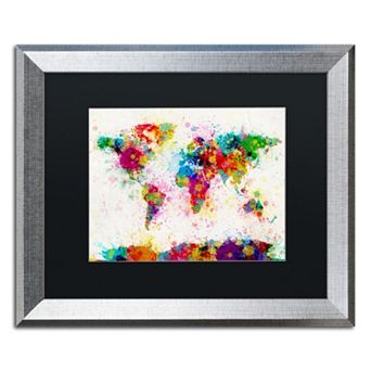 Trademark Fine Art "Paint Splashes World Map" Matted Silver Finish Framed Wall Art