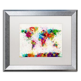 Trademark Fine Art "Paint Splashes World Map" Matted Silver Finish Framed Wall Art