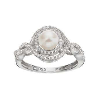 Sterling Silver Freshwater Cultured Pearl & Lab-Created White Sapphire Swirl Ring