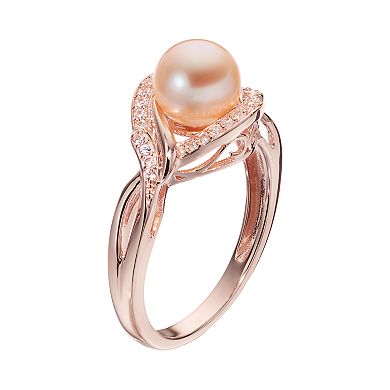14k Rose Gold Over Silver Dyed Freshwater Cultured Pearl & Lab-Created White Sapphire Swirl Ring