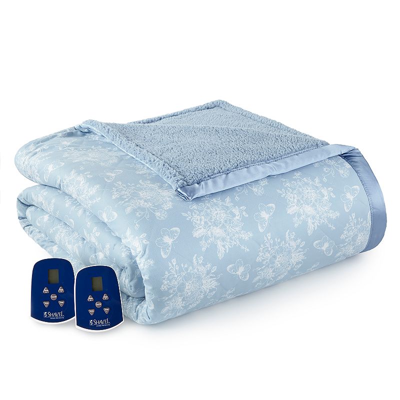 Micro Flannel to Sherpa Heated Blanket, Med Blue, Queen