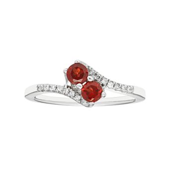 Sterling Silver Garnet Two Stone & Diamond Accent Bypass Ring